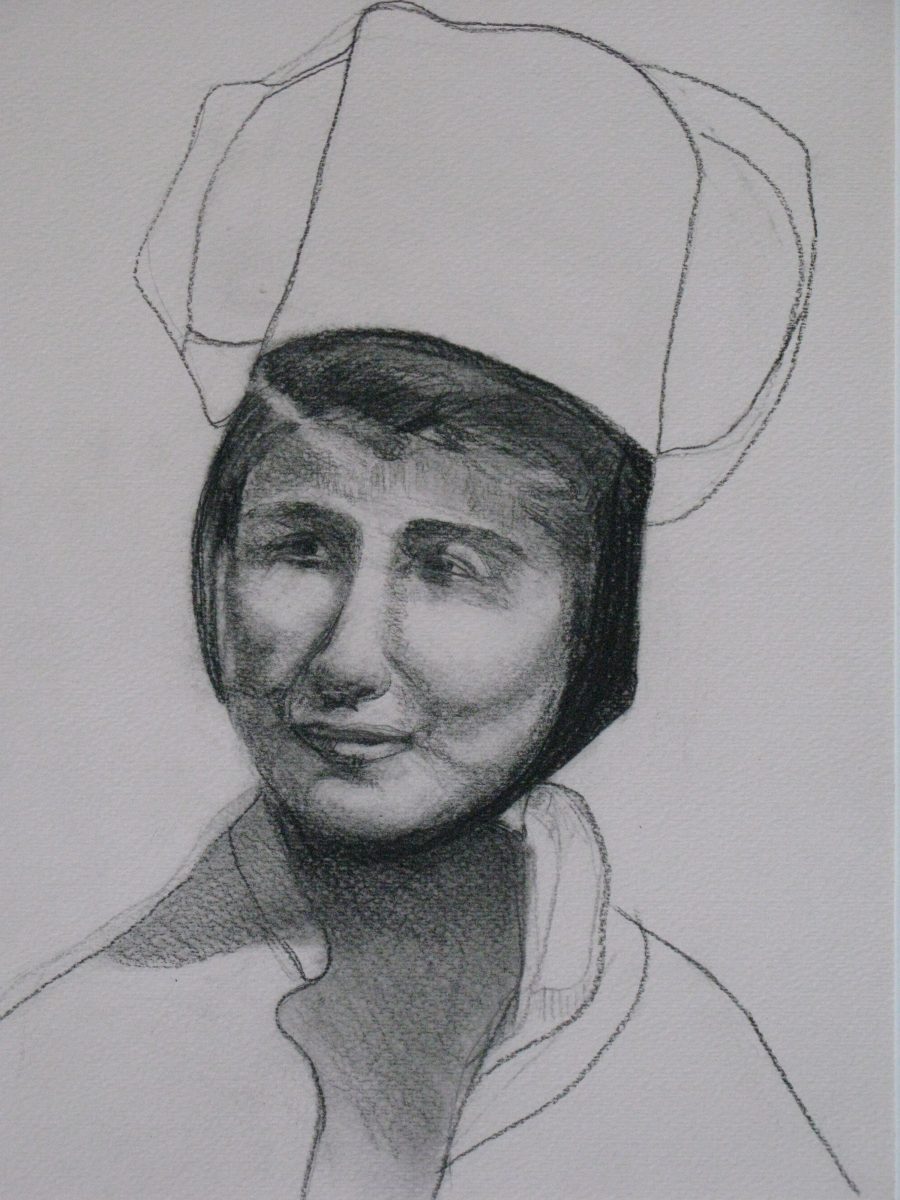charcoal portrait of woman with a head piece